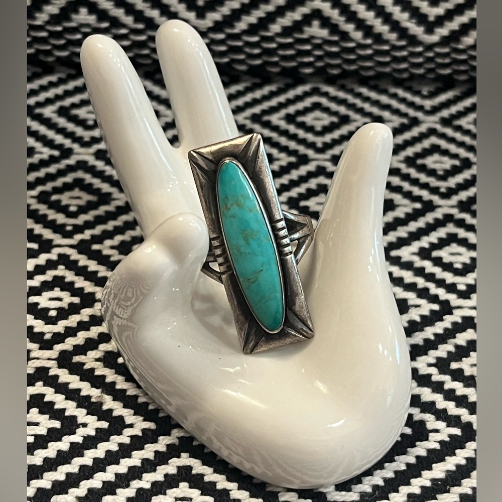 Rectangular Silver And Turquoise Ring - image 2